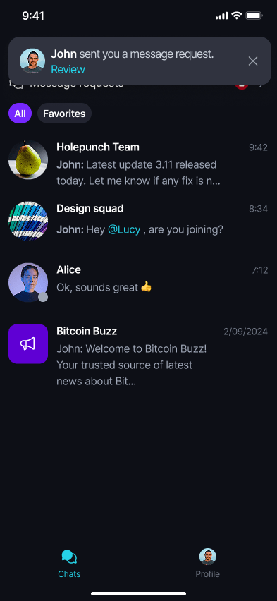 Contact Indicators π‘οΈ Β· In DM requests Keet notifies you when someone sends a DM request, before you open or accept it.
