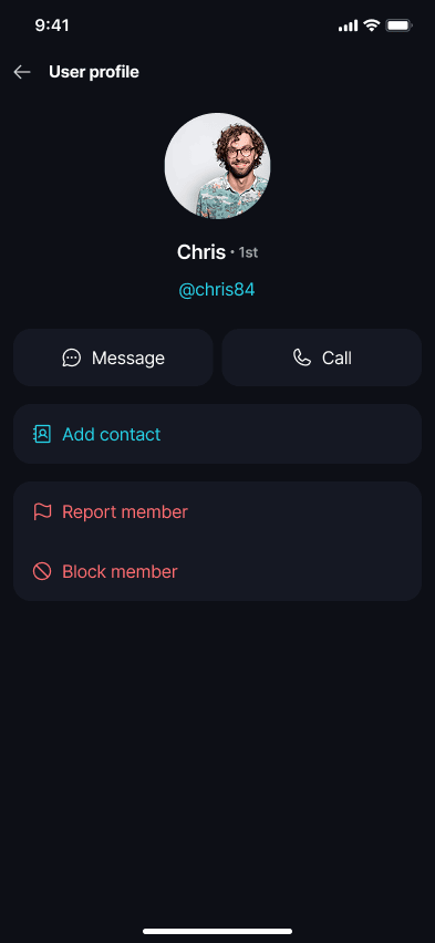 Contact Indicators π‘οΈ Β· On the profile card If the person is not a saved contact, the profile card shows an 'Add contact' option instead.
