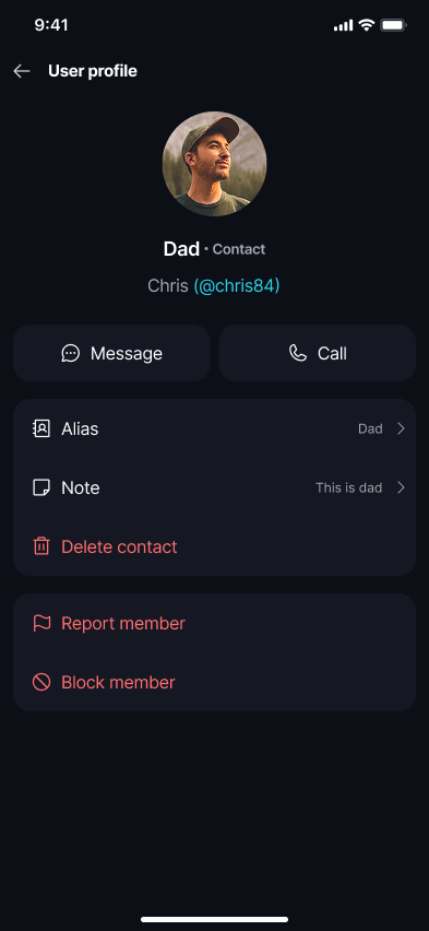 Contact Indicators π‘οΈ Β· On the profile card If the person is already a saved contact, the profile card shows the alias and note you saved for them.