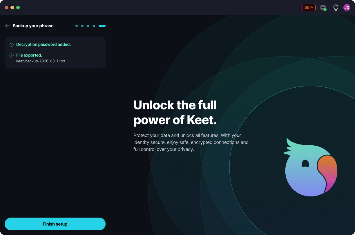 Back Up Your Profile Keet confirms the decryption password was added and the file was exported.